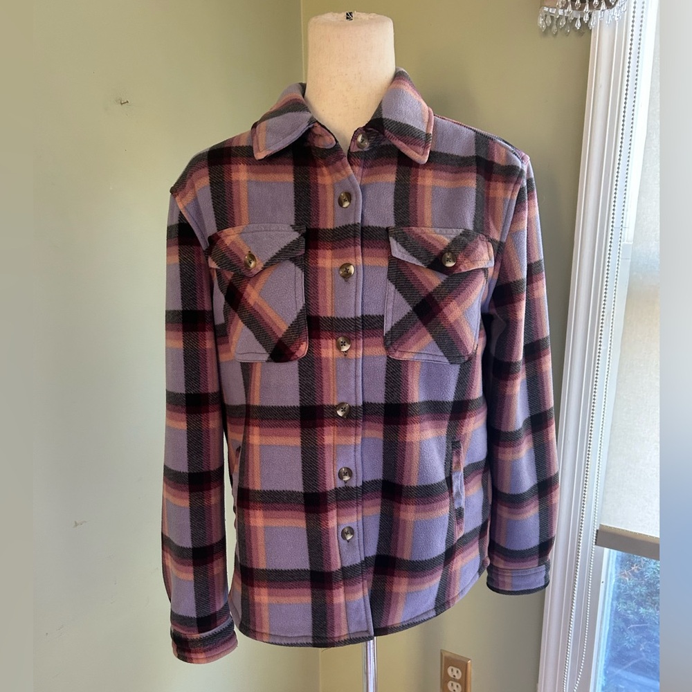 SAGE Collective Sherpa lined Purple Plaid Fleece Shirt/Jacket.S. Button down EUC